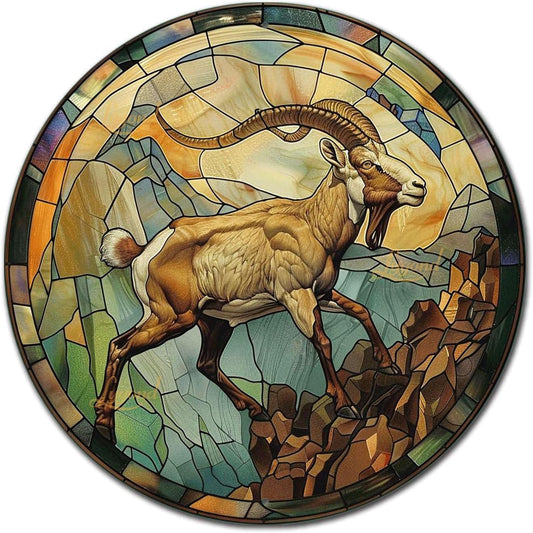 Lygond Metal Sign Tin Sign Circular Stained Glass Mountain Goat Wall Art for Bar 12×12 Inches