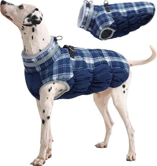 FUAMEY Dog Coat for Large Dogs,Waterproof Dog Winter Jacket with Harness Built in Puppy Cold Weather Coats Reflective Pet Vest with Zipper Warm Fleece Dogs Snowsuit Windproof Blue Plaid XL