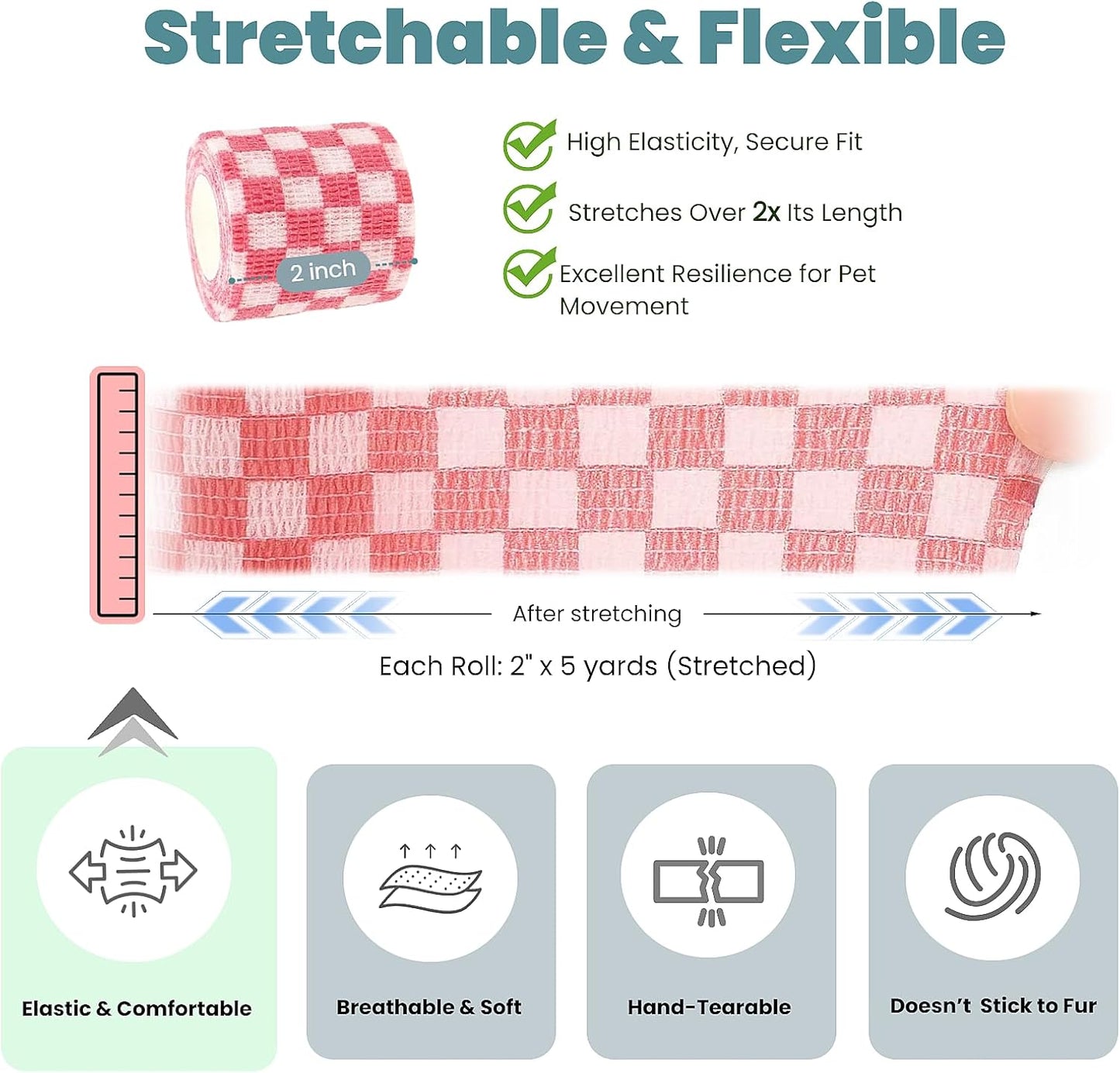 Pet Bandage 6 Rolls, Adhesive Bandage, Self Adhesive Bandage, First Aid Adhesive Gauze, for Horses, Dogs,Cats, Birds, Animals (Checkered, 2 Inch (Pack of 6))