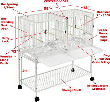 1/2/3-Combo Stacker Center Divided Breeder Breeding Bird Flight Double Rolling Cage for Aviaries Canaries Cockatiels Lovebirds Finches Budgies Small Parrots