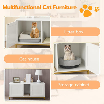 HOOBRO 44" Cat Litter Box Enclosure for 2 Cats, Double Cat Litter Box Furniture Hidden, TV Stand Litter Box Enclosure with Cat Scratching Mat, Cat House, Cat Washroom Cabinet, White, Gold DW20MW01