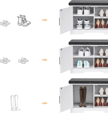 2-Tier Storage Bench, Shoe Bench with Padded Seat Cushion, Entryway Bench with 2 Barn Doors, Adjustable Shelf, 13.8" D x 27.6" W x 17.7" H, for Entryway, Living Room, Bedroom, White