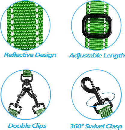 PetBonus Double Dog Leash, No Tangle Dual Leash, Reflective Walking Training Lead, 4 Comfortable Padded Handles for 2 Dogs with Collapsible Bowl and Waste Bags (Grass Green, Large)