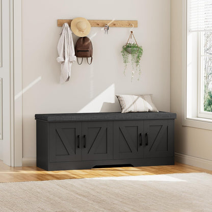 2-Tier Storage Bench, Shoe Bench with Padded Seat Cushion, Entryway Bench with 4 Barn Doors, Adjustable Shelf, 13.8" D x 47.2" W x 17.7" H, for Entryway, Living Room, Bedroom, Black