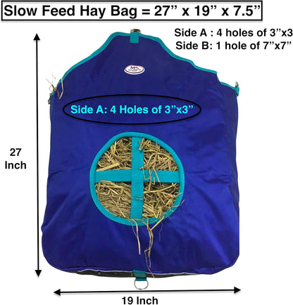 Majestic Ally Nylon Hay Feeder Tote Bag for Horse, Goat, Sheep - Double Sides Open Feed Hole with Faux Leather Ventilated Bottom- Premium Quality -Simulates Grazing - Reduces Waste (Royal Blue)