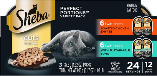 Sheba Perfect Portions Wet Cat Food Cuts in Gravy Variety Pack, Roasted Chicken Entree and with Sustainable Tuna, 2.6 oz. Twin-Pack Trays (12 Count, 24 Servings)