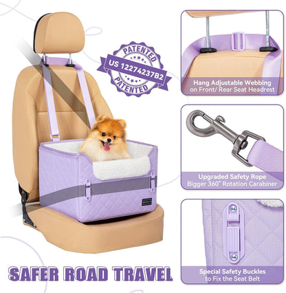 PETSFIT Dog Car Seats for Small Dogs, Patent Safe Buckles Cat Car Seat, Car Seat for Dogs with Safety Belt, Suitable for Small Pets Up to 25lbs (Lavender Purple)