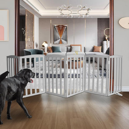 ZJSF Foldable Freestanding Indoor Dog Gate for House Wood Long Pet Gates Dog Fence for Stairs Puppy Gates for Hallways, Puppy Gate,Support Feet Included, Grey, 32 "Height-6 Panels