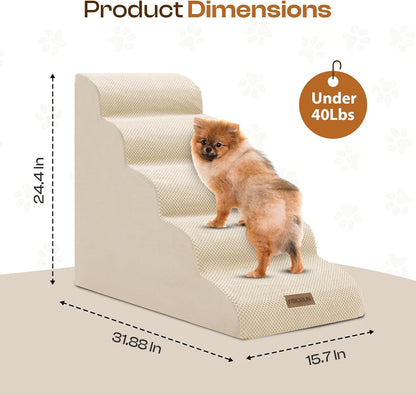 Dog Stairs for High Beds, Extra Tall 24.5" 5-Step Pet Steps for Medium & Small Dogs, Foam Ramp for Tall Couch & Bed, Washable Cover - Dog Steps for Bed