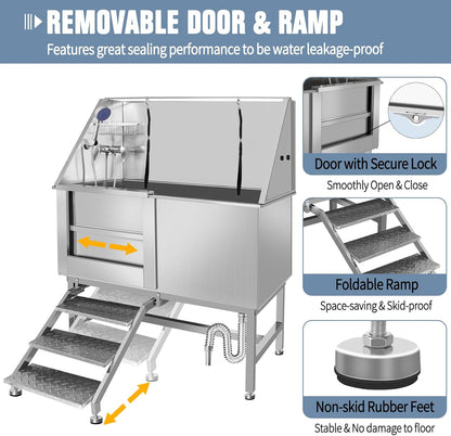 50" Dog Bathing Station, Professional Dog Washing Station Stainless Steel Dog Grooming Tub for Home,Equipped with Three Anti-Slip Steps, Removable Door, Pet Wash Station for Pet (50" Left ramp)