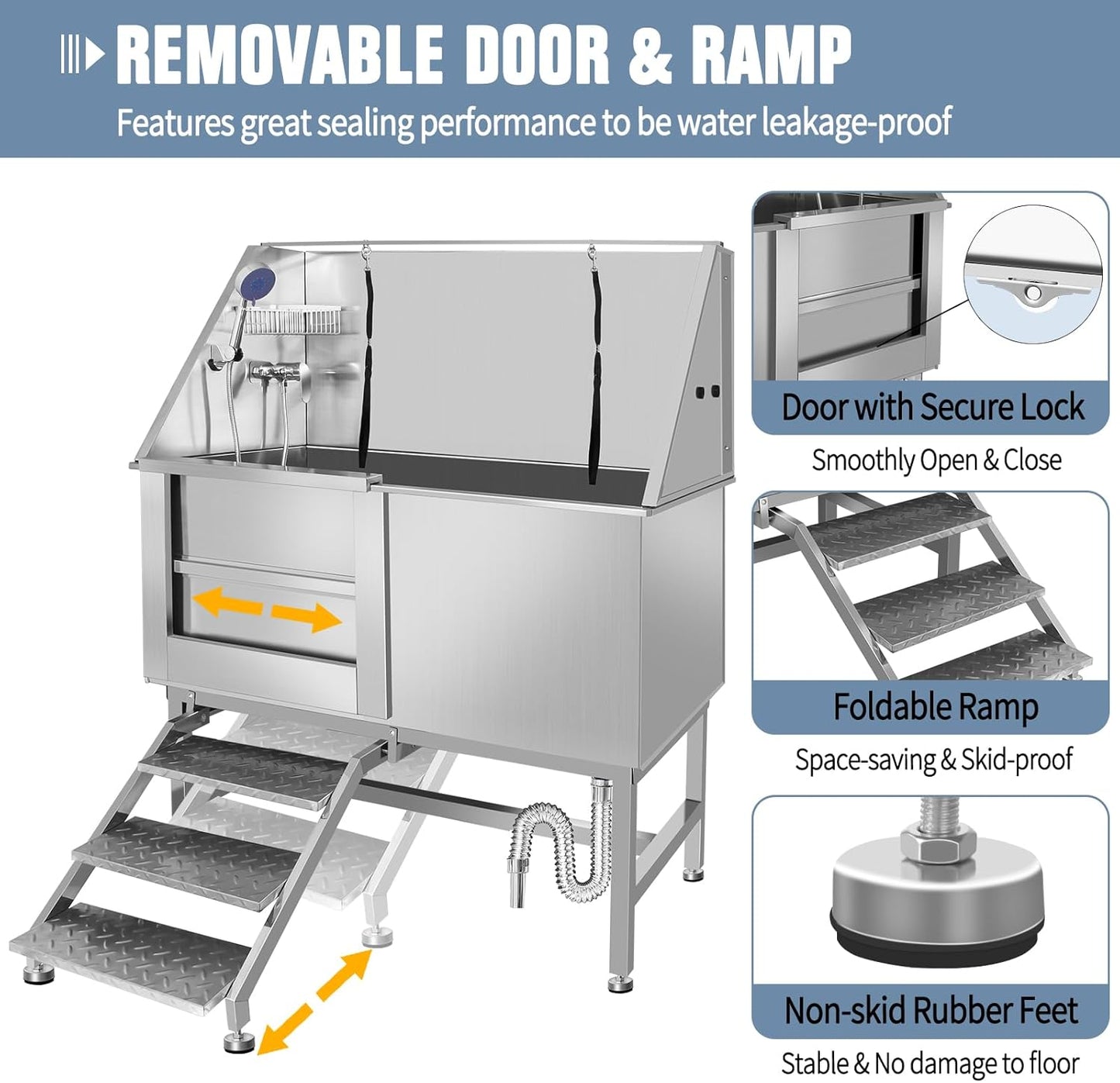 50" Pet Dog Bathing Station W/Ramp, Professional Stainless Steel Dog Grooming Tub W/Storage Drawer, Floor Grate, Faucet, Dog Bathtub For Large,Medium, Small Pets, Washing Sink For Home (50"Left ramp)