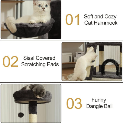 HOOPET 44IN Cat Tree for Indoor Cats - Multi-Level Cat Tower with Hammock, Condo, Scratching Posts, Self-Grooming Brush & Play Ball - Space-Saving Cat Furniture for Small Apartments