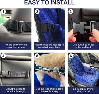 Dog Car Seat for Small Medium Dogs Up to 40lbs, Detachable Washable Soft Pet Booster Travel Bed for Front & Blue Seat with Safety Leash Belt