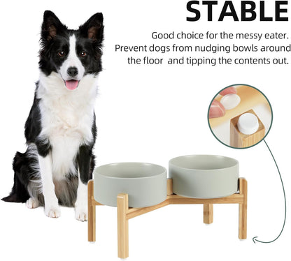 Ceramic Raised Double Bowls Set with Stand, Food & Water Bowls for Medium Breed Dogs, Weighted Dog Dishes, Pet Bowl(7.3'',41OZ, Grey)
