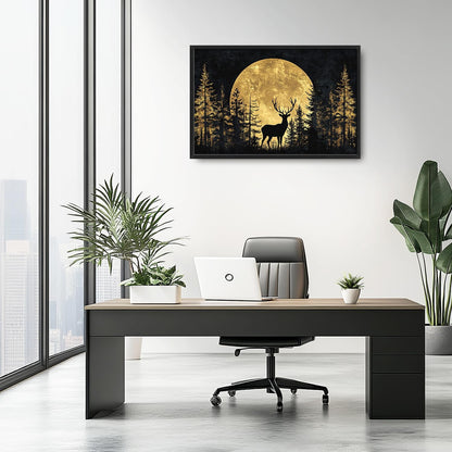 Large Moon Forest Deer Wall Art for Living Room, Black Deer Canvas Oversized Wall Decor, Elk Animal Aesthetics Framed Pictures Painting Print Artwork for Bedroom Office 36L" x 24W"