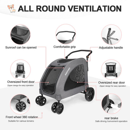 Large Dog Travel Stroller with 4 Heavy Duty Wheels Pet Stroller with Adjustable Handle - Double Doggie Capacity Jogger Wagon with Back Front Door for Small Medium Large Dogs (Dark Light Gray)