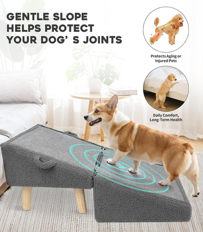 Dog Stairs for Small Dogs and Cats – 2-in-1 Dog Ramp for Bed and Couch, 16.5'' Foldable Wooden Pet Steps, Sturdy Multi-Use Split Ottoman Design, Dark Grey