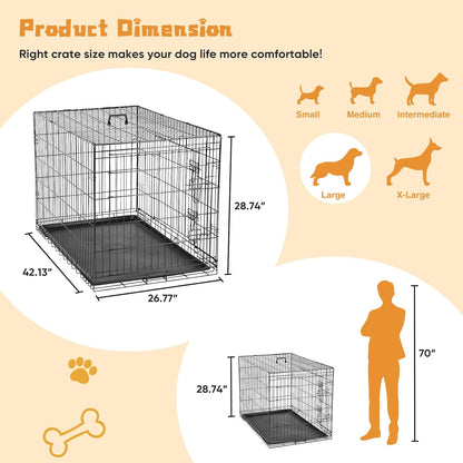 DUMOS Dog Crate, 42 Inch Large Double Door Dog Cage with Divider Panel and Plastic Leak-Proof Pan Tray, Folding Metal Wire Pet Kennel for Indoor, Outdoor, Travel