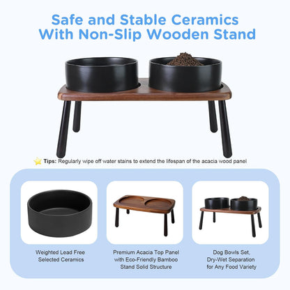 SPUNKYJUNKY Ceramic Elevated Dog Bowls Raised with Acacia Bamboo Wooden Stand, 8.3'' Dog Food Water Bowls Set Non-Slip for Medium Large Sized Breed Microwave Dishwasher Safe - 60 OZ,Black