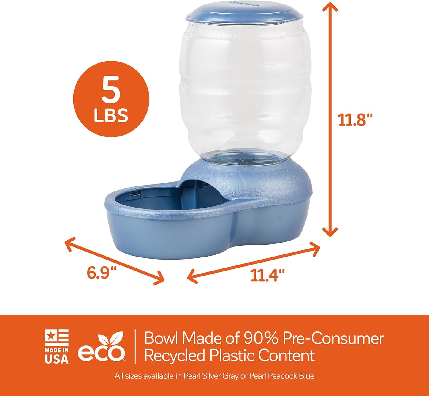 Petmate Replendish Gravity Feeder, 5 lb, Blue, Made in USA