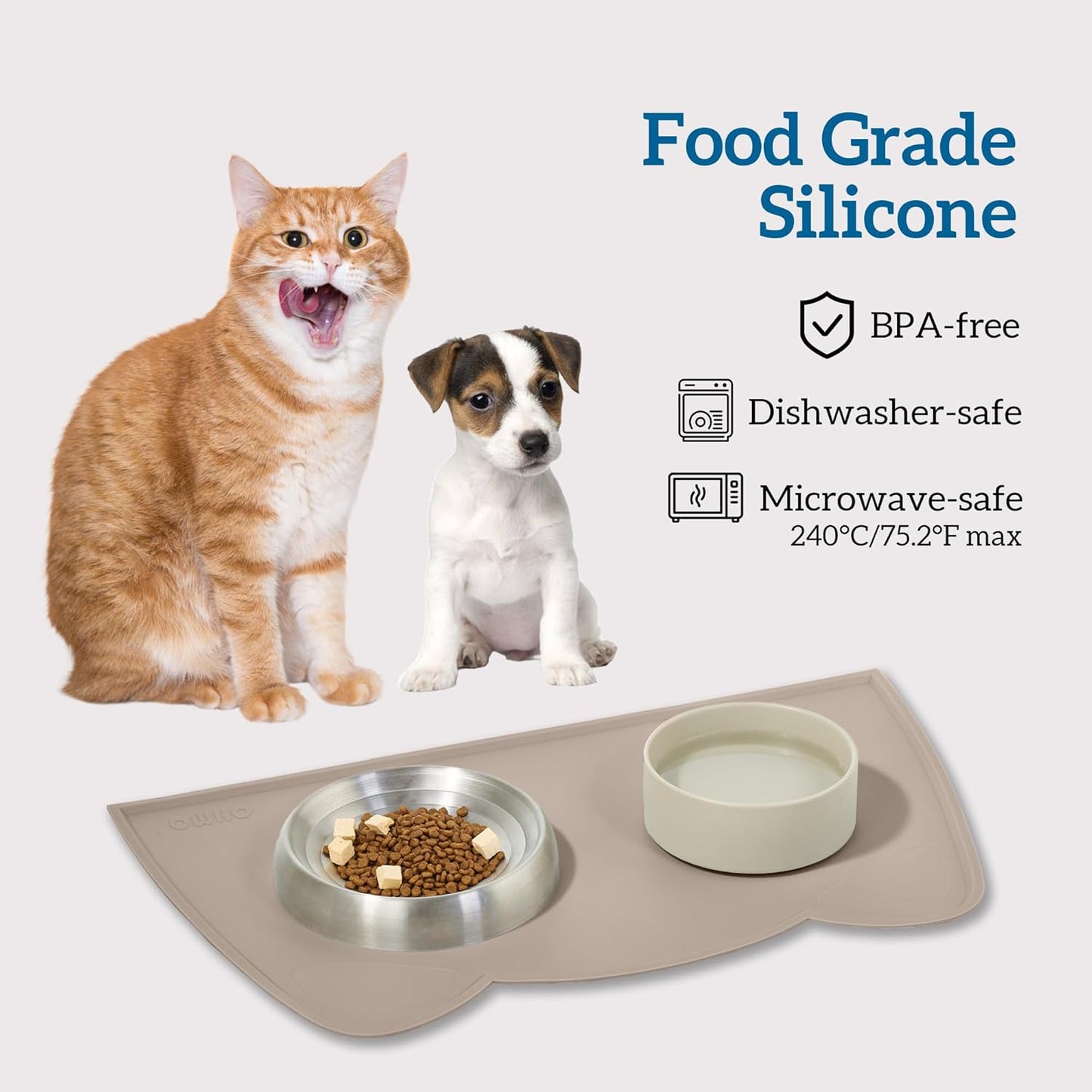 OHMO - Cat Food Mat, Silicone Pet Feeding Mat for Floor Non-Skid Waterproof Dog Water Bowl Tray, Easy to Clean Pet Placemat (Beige, 18 * 9.8'')