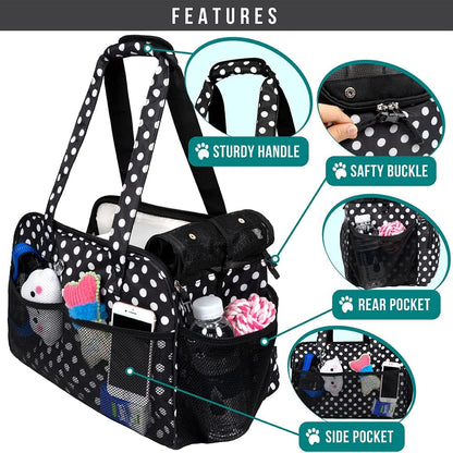 PetAmi Small Dog Purse Carrier, Soft-Sided Pet Carrier Bag with Pockets, Portable Puppy Cat Travel Handbag Tote, Airline Approved Breathable Mesh, Poop Bag Dispenser, Max 18 lbs, Polka Dot Black