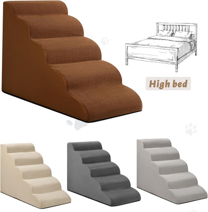 5-Step Dog Stairs and Ramp for High Bed,Non-Slip Sturdy Pet Steps for Small Dogs and Cats,22.2" H,Brown