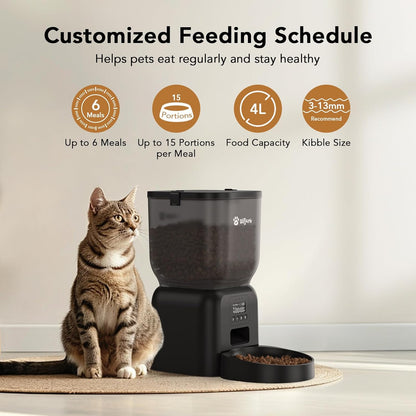 Automatic Dog & Cat Feeder with Freshness Preservation, 4L Timed Cat Feeder with LCD Screen.Up to 6 Meals Per Day and 1-15 Portion for Cats & Dog (Black)