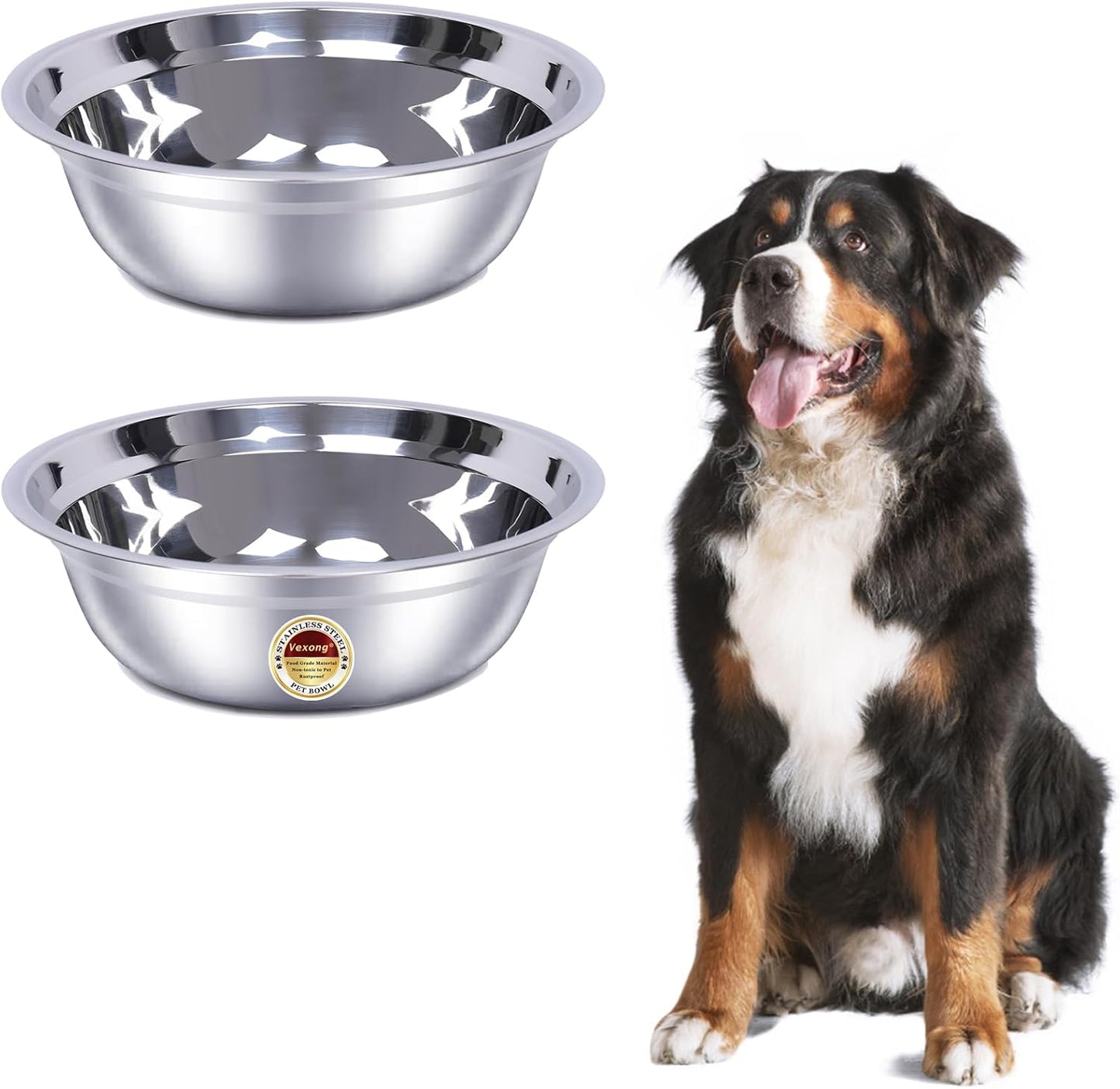 2 Pack, L Size Bowls, Matches Vexong L Size Elevated Dog Bowl Stand, for Dogs Between 60 and 100 lb, Stainless Steel Dog Bowl, Capacity 0.8 Gal / 12.5 Cup / 106 Oz / 3 Liter, Rustproof, Durable,