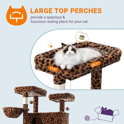 Allewie 81 Inches Tall Cat Tree/Multi-Level Large Climbing Tree House and Towers for Big Feline/Condo and Hammock/Scratching Post/Wide Base/Leopard Print