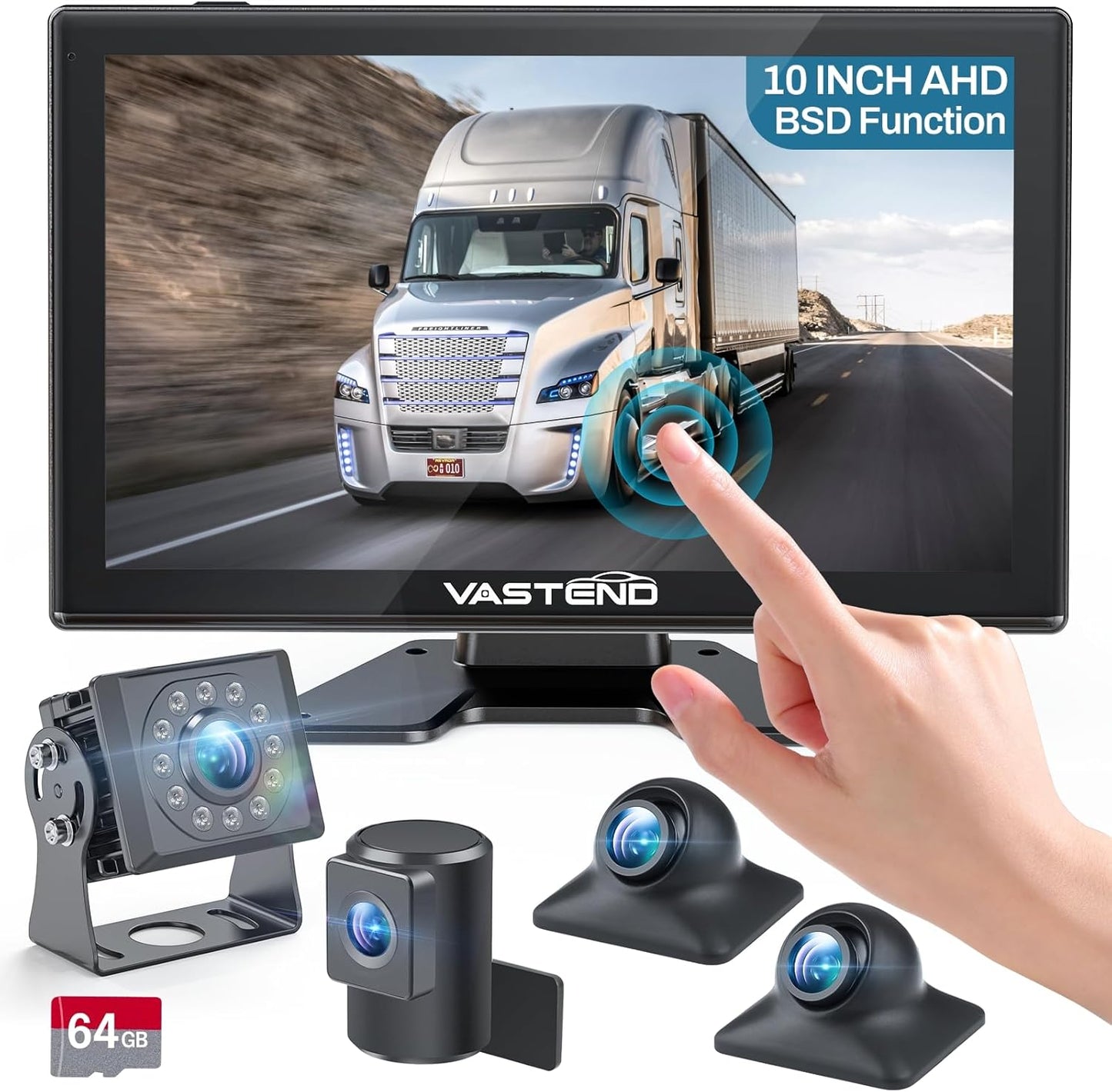 Truck Camera System Kit, Backup Camera with 10??Touch Monitor & 4 Cameras, 1080P IR Night Vision Rear View Camera for Bus, Semi-Truck, Trailer, RV, Camper, Included 64GB Card