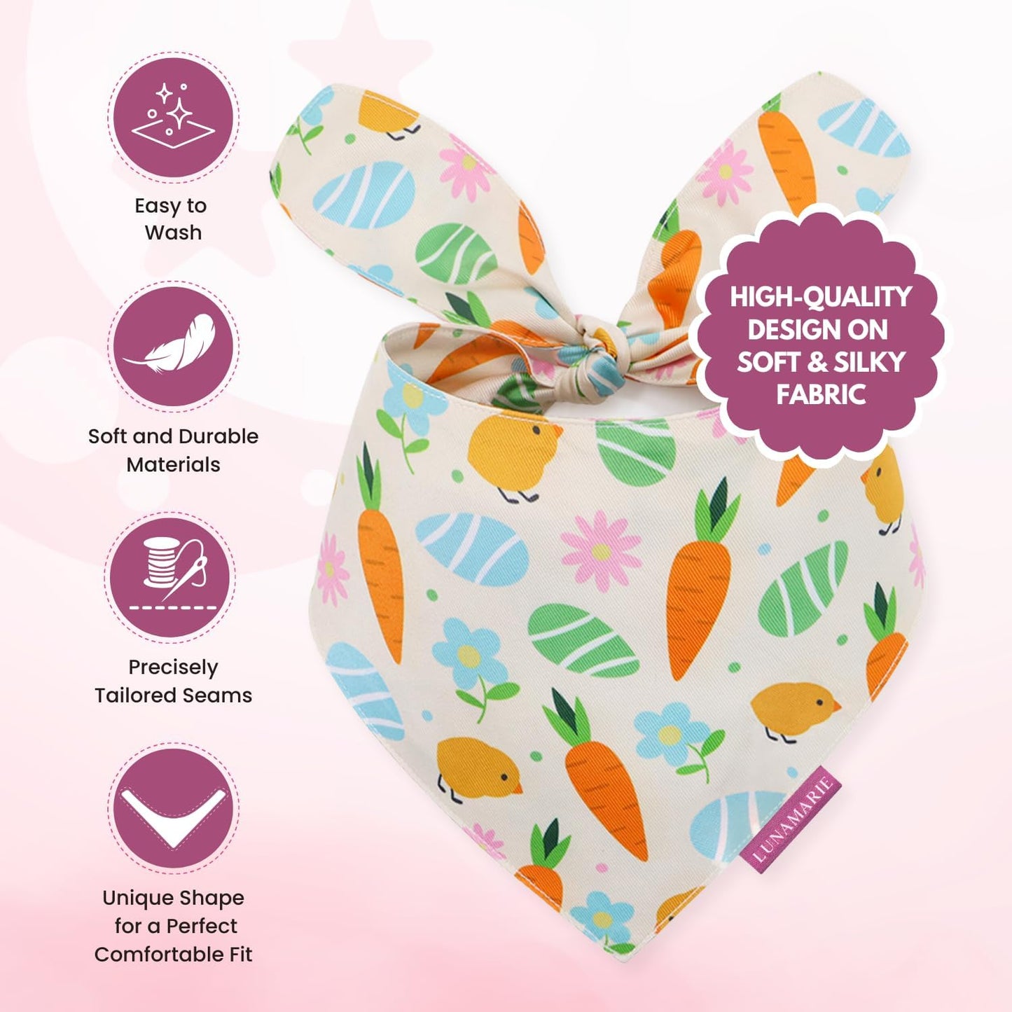 LunaMarie - Luxury Pet Birthday Bandanas -Premium & Silky Poly Fabric | 100% Handmade | Custom Shape Dual Layered (Easter Garden, Small)