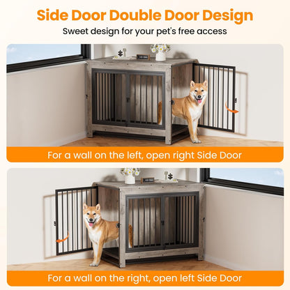 Dog Crate Furniture, Dog Crate End Table for Medium and Large Dogs,Wooden Cage Kennel Furniture Indoor, Modern Dog Crate with Multi-Purpose Removable Tray, Double-Doors Dog Furniture