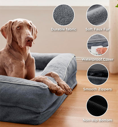 MADE 4 PETS Orthopedic Dog Bed for Extra Large Dogs, Supportive Foam XL Pet Bed Sofa with Washable Removable Cover, Waterproof Large Dog Couch Bed, Non-Slip Bottom and Egg-Crate Foam, Grey