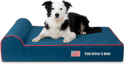 The Dog’s Bed Orthopedic Headrest Dog Bed Large Blue Oxford with Red Trim US Flag Dog Bed 40x25, Memory Foam, Hip & Elbow Dysplasia, Lameness, Veterinary Approved, Waterproof Washable Cover