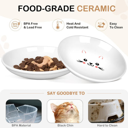 TRUVIC 4 Pack Ceramic Cat Food Bowls, 5.9 Inch Ceramic Cat Dishes Set for Indoor Cats and Small Dogs, Anti Whisker Fatigue Kitten Bowls, Wide Shallow Kitten Plates for Food and Water (Cute Face)