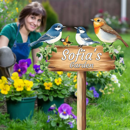 Personalized Colorful Bird Metal Sign with Stake,Custom Gardener Last Name Signs Outdoor Decorate,Customized Garden Accessories Decor for Mother,Birds on the Branch Plaques for Patio Lawn Porch Yard