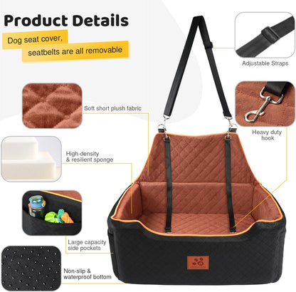 Dog Car Seat for Large/Medium Dog, Booster Seat for Dogs Under 55Lbs or 2 Small, Detachable and Washable Travel Pet Seat with Thick Cushion and Storage Pockets (Black/Brown)