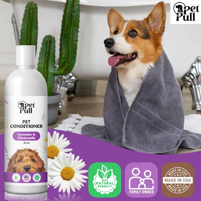 Dog Conditioner Puppy Essentials - Moisturizing Conditioner for Dogs with Lavender and Chamomile Scent - Plant Based Dog Bath Supplies Detangle and Revive Pet's Coat - Made in USA (16 Oz)