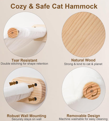 Cat Wall Shelves with 1 Floating Fabric Hammock, 2 Ladders with 4 Steps Each & 1 Flat Cat Shelf, Wall Mounted Bed Furniture & Climber, Indoor Playground