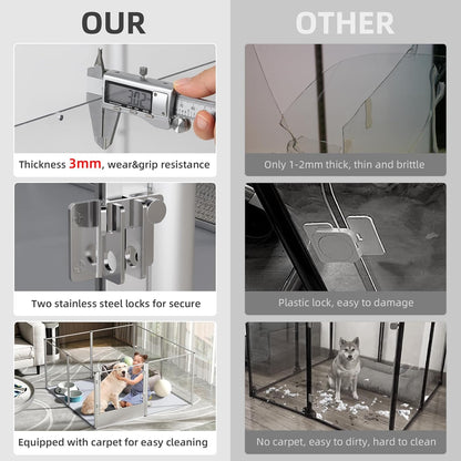 Dog Clear Playpen Fence Kennel: 32” Extra Tall Indoor Pet Birthing Cage Whelping Box with Waterproof Fertility Pad - 52”x52” Extra Large Dogs Exercise Crate Pen Made by Acrylic and Aluminum Frame