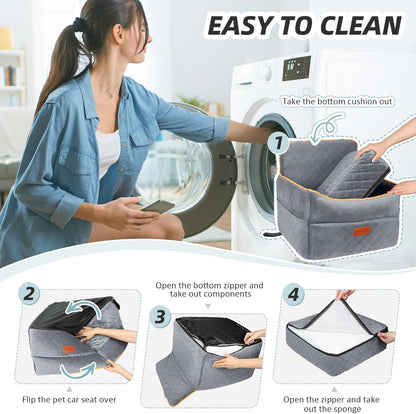 Dog Car Seat for Small Medium Dogs, Memory Foam Puppy Dog Booster Seat with Thick Cushion for Dogs Under 35lbs, Detachable Washable Pet Car Seat Travel Bed with Storage Pockets,2 Safety Belts