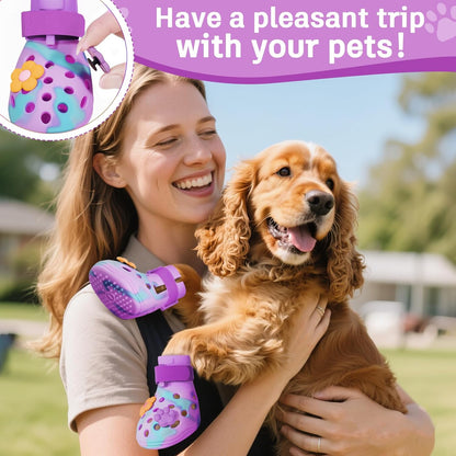 Dog Shoes for Hot Pavement, Adjustable Magic Tape Boots for Small, Medium & Large Dogs, Anti-Slip, Easy to Clean Paw Protectors for Beach, Outdoor & Hot Weather (Purple L)