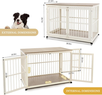 40 Inch Dog Crate Furniture for Large Medium Dogs, Wooden Heavy Duty Dog Kennel with Double Doors, Decorative Pet House Dog Cage Side End Table Indoor, Pet Cage Dog House, Beige