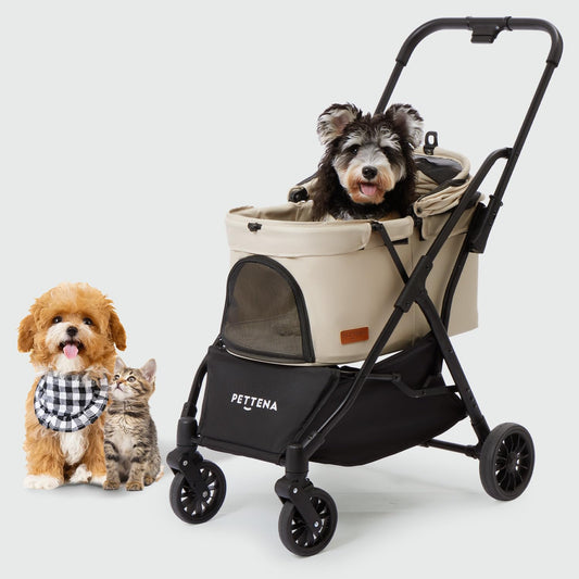 【One-Pull Open Ver.】 PETTENA Dog Stroller for Small Dogs, One-Touch Foldable Dog Stroller for Small/Medium Dogs Cats up to 44 Lbs, Khaki