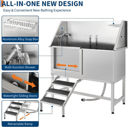 Stainless Steel Dog Washing Station - Dog Bath Tub for Large, Medium, Small Dogs, Pet Grooming Tub with Ramp, Non-Slip Grate, Shower, Soap Box, Faucet, Drain for Home & Outdoor （Left RAMP, 50"）