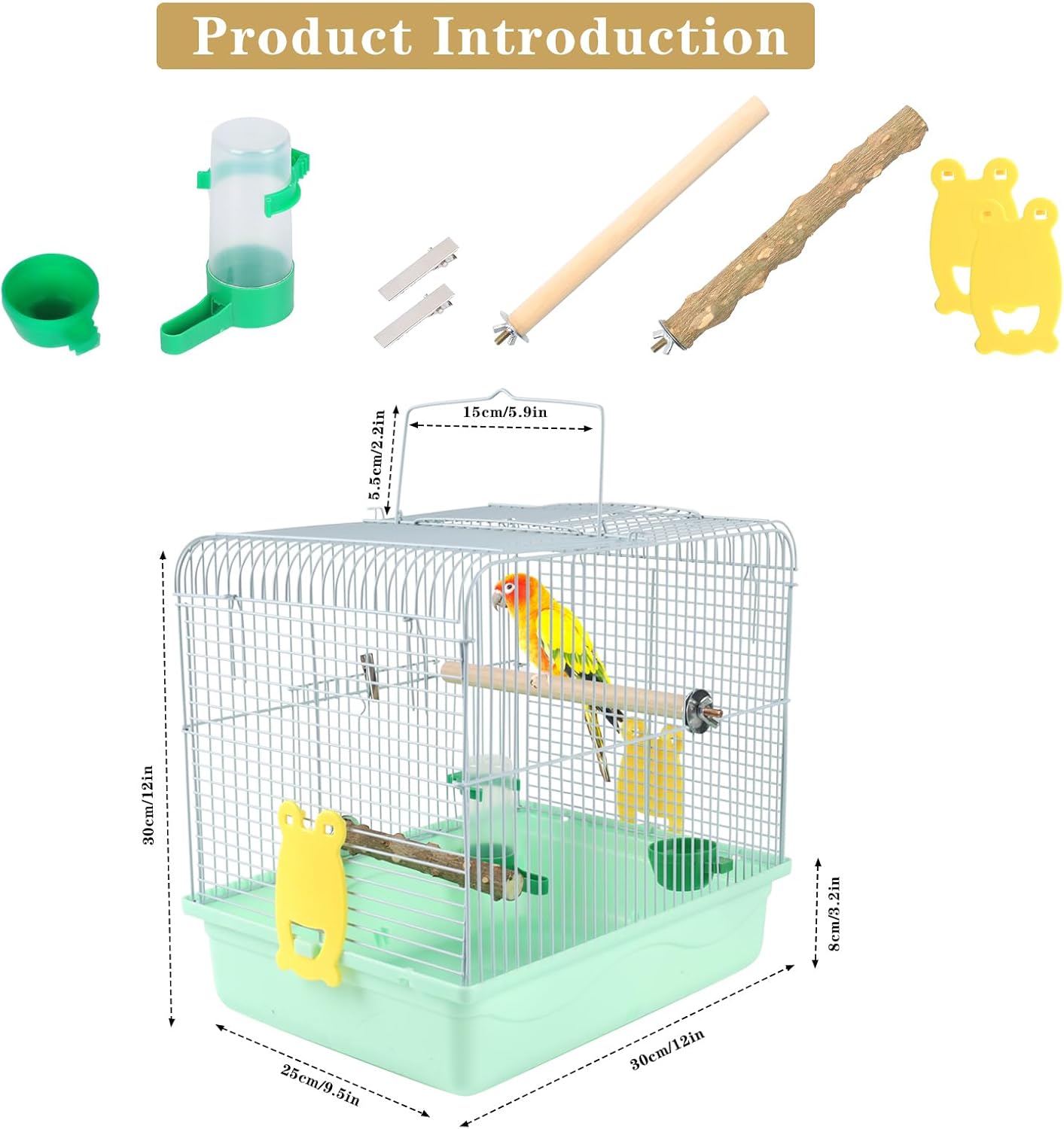 Portable Bird Cage for Small Birds - Green Bird Cage for Travel, Going Out, Walking to The Vet with Station Pole Food Box Water Fountain