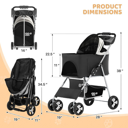 Magshion Foldable Pet Stroller, 3-in-1 Dog Travel Jogger with Detachable Carrier, Cup Holder, Storage Basket, Folding Carrier for Small/Medium Dogs & Cats Up to 33 lbs, Black