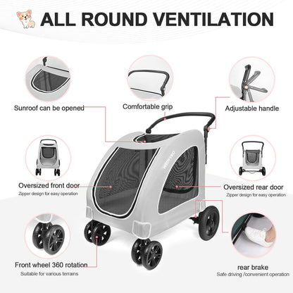 Large Dog Travel Stroller with 4 Heavy Duty Wheels Pet Stroller with Adjustable Handle - Double Doggie Capacity Jogger Wagon with Back Front Door for Small Medium Large Dogs (Grey)