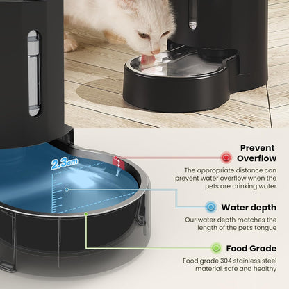 CZPET Automatic 4L Filter Dog and Cat Water Dispenser with Stainless Steel Bowl Gravity Waterer,Large Capacity and Drinking Area Noise-Free for Pets (Black)